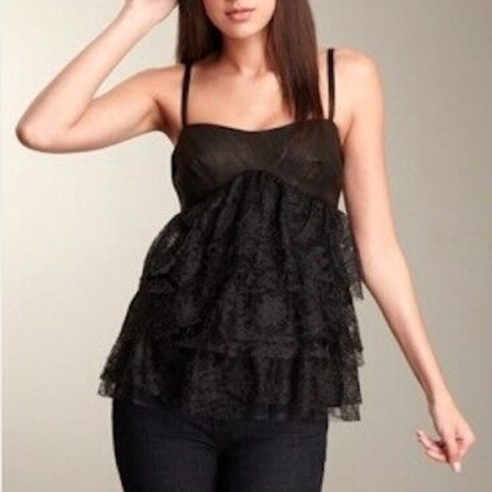 Robert Rodriguez Leather & Lace Ruffle Camisole Top